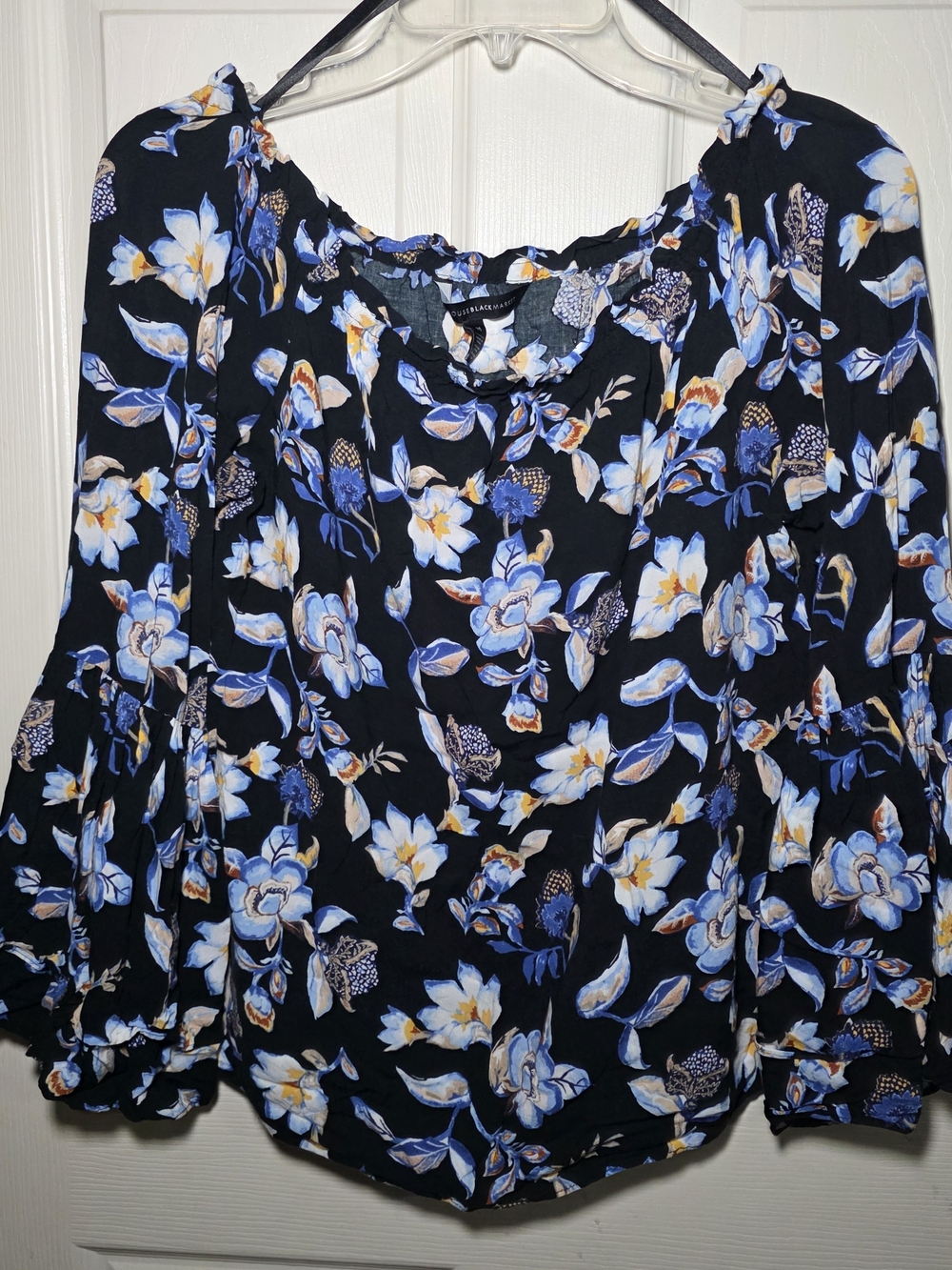 White House Black Market Black Floral Blue & White Blouse
